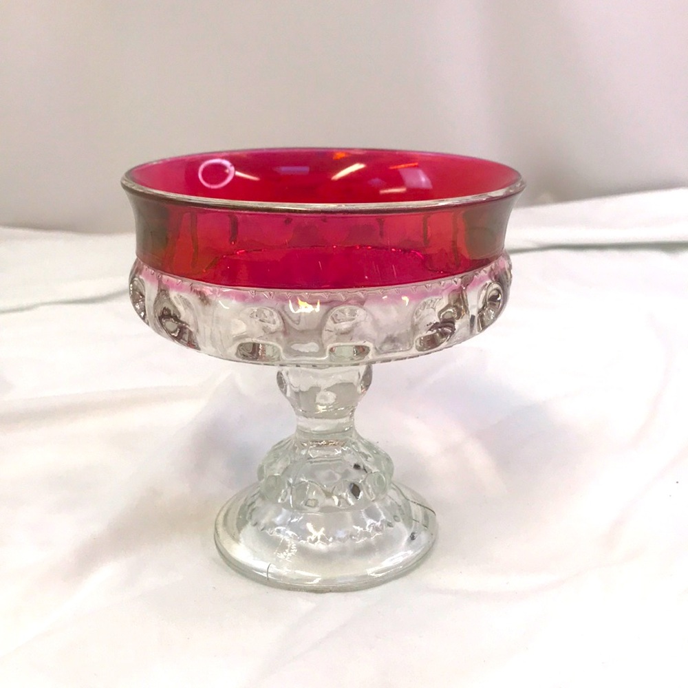 Vintage Indiana Glass Kings Crown Thumbprint Pattern Glass Compote Red Rim